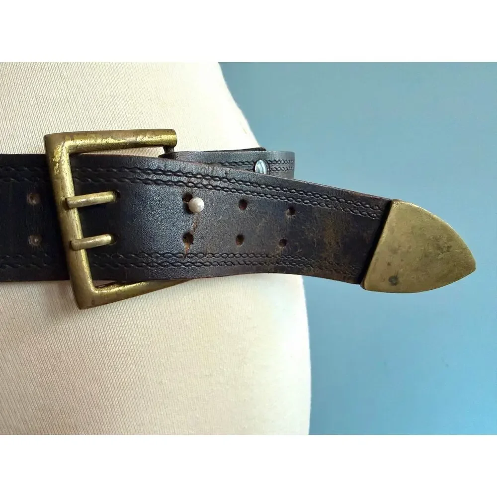 Distressed Dark Brown Wide Leather Belt w/Dbl Prong Buckle Womens sz S